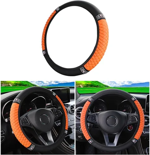 Miniatura 8 de Osilly Funda brillante para volante de automóvil, 15 pulgadas, con diamantes de imitación brillantes, piel suave, protector elástico, para mujeres