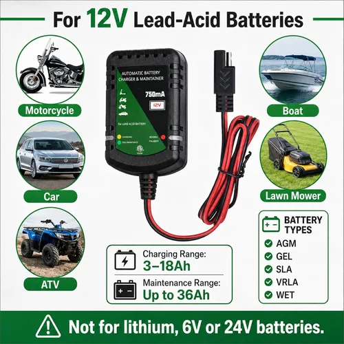Miniatura 4 de Unocho Cargador de batería de 12 V 750 mA Mantenedor automático de goteo y flotador para baterías de plomo-ácido, desconexión rápida SAE con clips