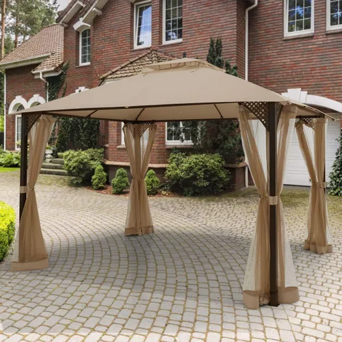 Miniatura 4 de Tangkula Cenador de patio de 10 x 12 pies con red, cenador para exteriores con techo doble ventilado, paredes laterales de malla, gancho superior