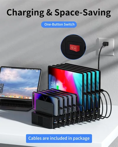 Miniatura 7 de Estación de carga de 270 W para múltiples dispositivos, estación de carga rápida USB de 20 puertos con divisores ajustables y 10 cables, base