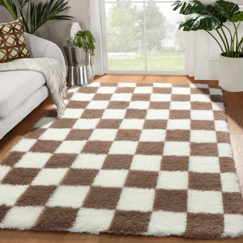 Miniatura 28 de KICMOR - Tapete a cuadros afelpado, peludo, mullido, color beige y blanco crema, pequeño, de 2 x 3 pies, para dormitorio, sala, junto a la cama