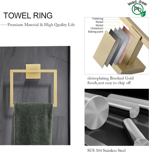 Miniatura 3 de Juego de accesorios de baño de 5 piezas 60 cm Barra de toalla dorada Juego de barra de toalla Anillo de toalla Gancho para abrigos y soporte