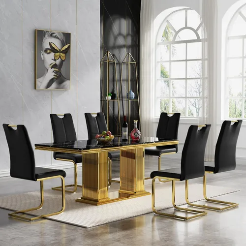 Miniatura 34 de Juego de mesa de comedor de 5 piezas, moderno juego de mesa de comedor para 4, 70 pulgadas, juego de mesa de comedor de mármol sintético blanco