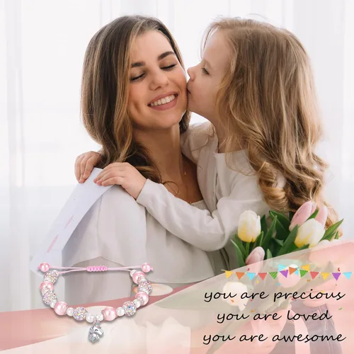 Miniatura 6 de HGDEER Valentines Day Gifts for Little Girls Unicorn Bracelet for DaughterGranddaughterNiece Pink Pearl and Rhinestone Balls Bracelet Adjustable