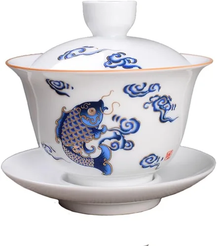 Miniatura 11 de Liang baobao Gaiwan - Taza de té de porcelana de 8 onzas, color blanco esmaltado con borde dorado, sopera china de gongfu, taza de té de gongfu