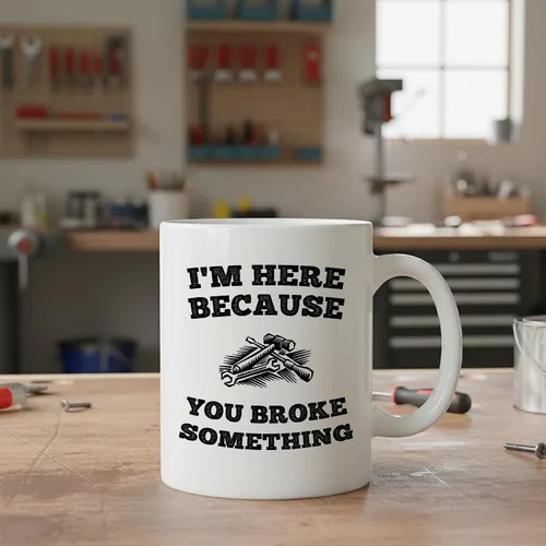 Miniatura 6 de Casitika Taza de café de 11 onzas con texto en inglés "I'm Here Because You Broke Something". Idea de regalo para personal de servicio o mecánico.