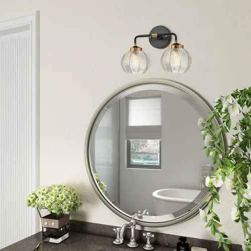 Miniatura 5 de Lámpara de tocador de baño de 2 luces, luces de globo de vidrio transparente, lámpara de montaje en pared negra con pantalla de vidrio acanalado