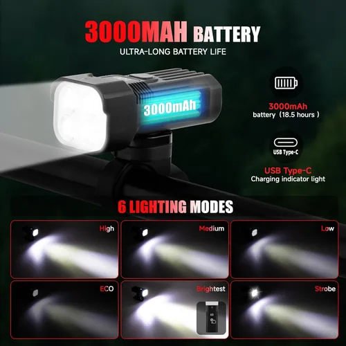 Miniatura 3 de Bike Light for Night Riding, 2000LM/1000LM Bicycle Headlight & Taillight, Multiple Modes,3000mAh/2000mAh USB C Rechargeable Waterproof LED Bright