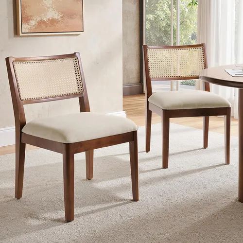 Miniatura 8 de HULALA HOME Juego de 2 sillas de comedor de ratán, sillas de cocina de madera maciza francesas para comedor con respaldo curvo, silla de cena