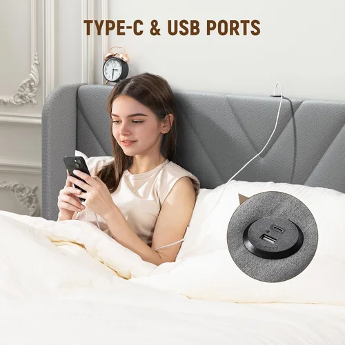 Miniatura 7 de LUCKLIFE Base de cama tapizada con puertos USB y tipo C, cabecera en forma de V, cajones laterales y almacenamiento de estribo de gran tamaño,