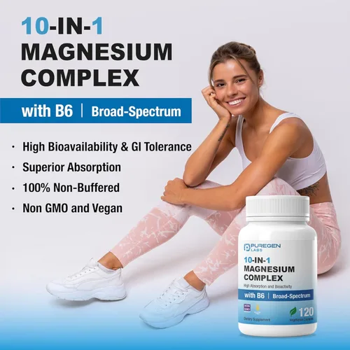 Miniatura 4 de Puregen Labs Complejo de magnesio 10 en 1 de 500 mg con cápsulas vegetales B6-120 [alta absorción y bioactividad] Sin OMG, sin gluten ni lácteos