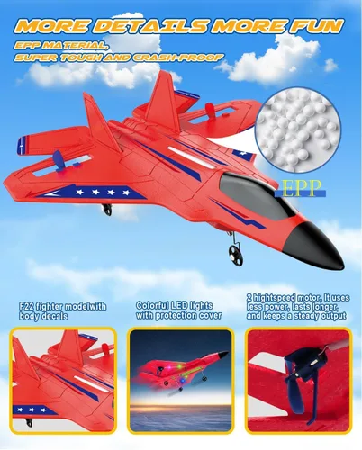 Miniatura 5 de Avión RC ANTSIR F22, Avión RC con Estabilizador de Giro/Luz LED/2 Baterías Recargables, Fácil de Volar, Avión a Control Remoto de 2.4GHz, Juguete
