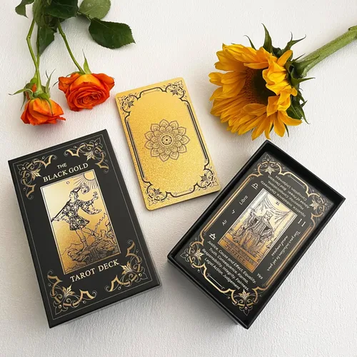 Miniatura 9 de Juego de cartas de tarot de oro negro, cartas de tarot para principiantes con significados, cubierta de bordes dorados dorados con libro guía