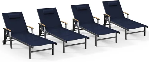 Miniatura 35 de Ciokea Sillón para exteriores con almohada, tumbona de aluminio de 5 posiciones con ruedas y reposabrazos, silla de piscina resistente de 400 libras
