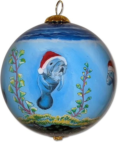 Miniatura 9 de Adorno de Navidad de Manatí pintado a mano, bola de cristal de la vida marina costera, decoración navideña de playa tropical, animal marino