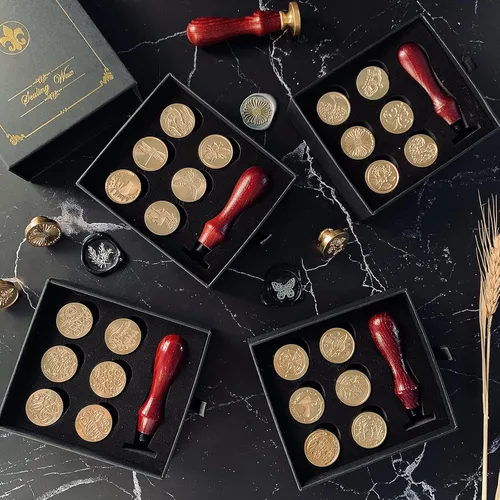 Miniatura 6 de Juego de caja de regalo de sellos de cera, 6 sellos de cera de sellado, sellos de cobre, 1 empuñadura de madera, kit de sellos de cera para sobres