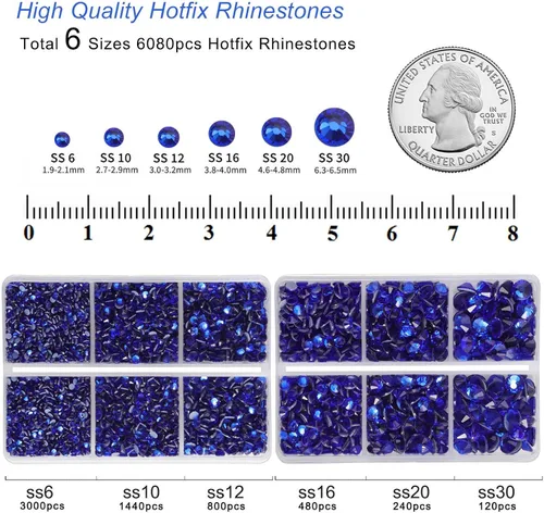 Miniatura 4 de BEADSLAND Hotfix - 6080 diamantes de imitación azul oscuro para ropa y manualidades, mezclados en 6 tamaños con kit de lápiz de cera y pinzas, Zafiro