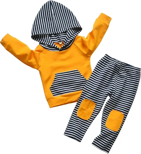 Miniatura 2 de Rebey Conjunto de sudadera con capucha de manga larga a rayas para bebés y niños pequeños