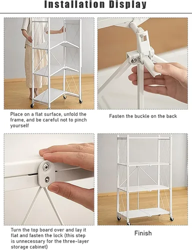 Miniatura 5 de Estantes plegables de 3 niveles con ruedas, estilo industrial, estantes de almacenamiento de metal resistentes para el hogar, cocina, dormitorio