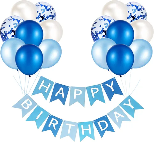Cartel de feliz cumpleaños, banderines, globos de fiesta azul bebé, confeti, globos de látex, pancartas de fiesta para niños y niñas, decoraciones