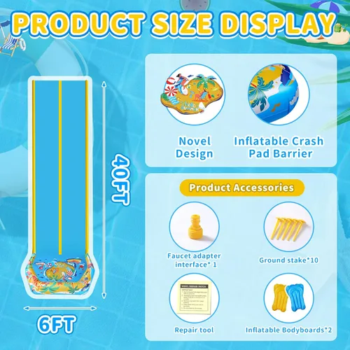 Miniatura 2 de Toboganes de agua y toboganes de agua dobles de 40 pies con 2 tablas de bodyboard, toboganes de agua inflables gigantes para niños y adultos, patio