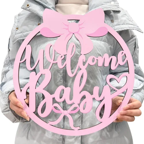 Decoraciones de baby shower con lazo rosa para niña, letrero de madera de bienvenida para bebé, coqueta, decoración de fiesta de baby shower, lazo