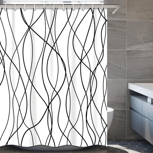 Miniatura 33 de Juego de cortinas de ducha azul egeo para baño con ganchos, cortinas de baño decorativas repelentes al agua y lavables con rayas blancas, 72 x 72
