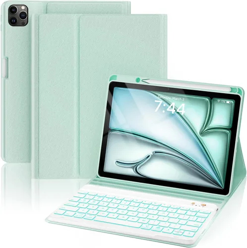Miniatura 31 de OYEEICE Funda de teclado para iPad 6ª/5ª generación de 9.7 pulgadas, teclado inalámbrico desmontable retroiluminado de 7 colores, cubierta magnética