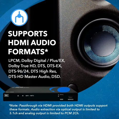 Miniatura 6 de OREI Divisor HDMI 8K 1 x 2, duplicado con extractor de audio UltraHD soporta hasta 4K @ 120Hz IR EDID HDCP 2.3 - (BK-102A) (1x2 - Salida de audio)