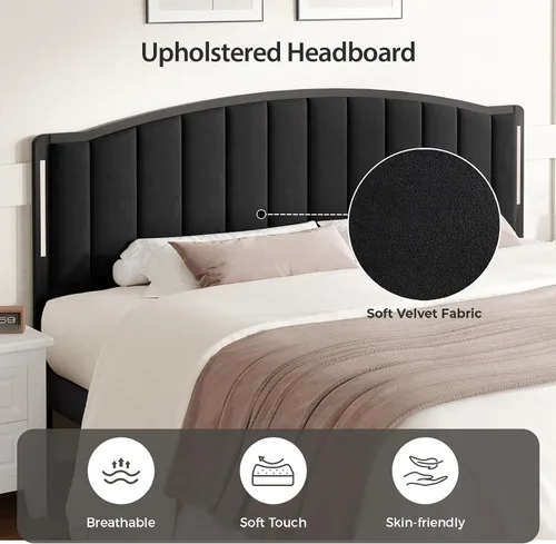 Miniatura 3 de Cabecera para cama tamaño Queen con luces LED, cabecera tapizada de canal vertical acolchonado, solo cabecero de terciopelo, marco de fijación