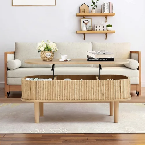Miniatura 8 de Mesa de centro con parte superior acanalada totalmente montada con compartimento oculto, mesa central de madera, moderna mesa de elevación ovalada