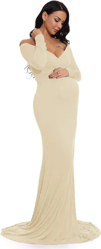 Miniatura 3 de ZIUMUDY - Vestido ajustado de maternidad con cuello en V fruncido, hombros descubiertos, manga larga, maxivestido para fotografía