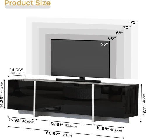 Miniatura 2 de holzart Soporte de TV moderno de alto brillo de 67 pulgadas de ancho para TV de 60/65/70/75 pulgadas, elegante centro de entretenimiento