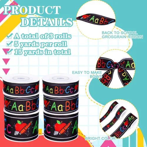 Miniatura 3 de JarThenaAMCS 3 rollos de cinta de grogrén Vuelta al Colegio, cinta de grogrén con temática escolar, cinta de grogrén con estampado ABC, cinta