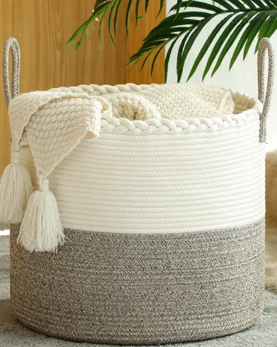 KAKAMAY Cesta grande para manta (18 x 18 x 16 pulgadas), cesta tejida para ropa sucia para bebé, cestas de cuerda de algodón para guardería, Blanco