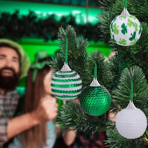 Miniatura 4 de Bolas colgantes de lentejuelas para el día de San Patricio, adorno de bola de trébol irlandés con purpurina de 1.96 pulgadas, bola colgante