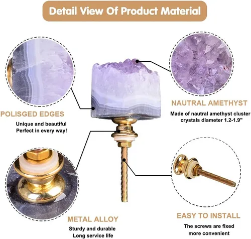 Miniatura 3 de JIC Gem Juego de 2 pomos de cristal de amatista natural para cocina, baño