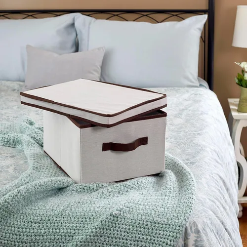 Miniatura 2 de Household Essentials 513 - Caja de almacenamiento con tapa y asa, lona beige natural con ribete marrón, tamaño grande