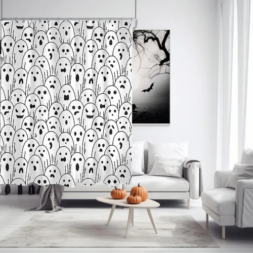 Miniatura 2 de FUNKY WIZARD Cortina de ducha de Halloween, cortina de ducha espeluznante de fantasma, de Halloween, 72 x 72 pulgadas, tela impermeable con 12 Blanco