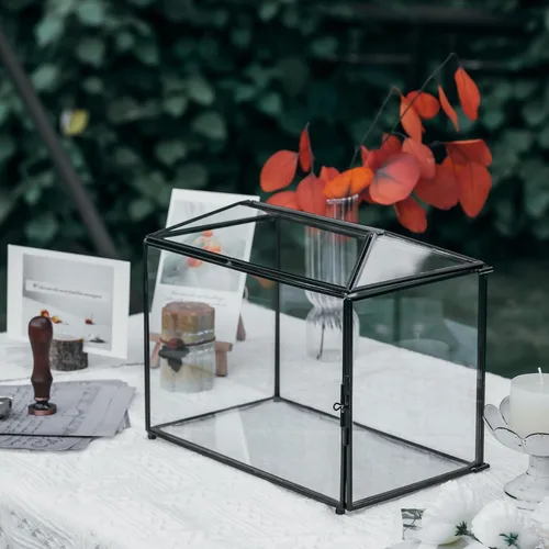 Miniatura 8 de NCYP Pequeña caja de tarjetas de cristal de boda con ranura y cerradura, 10.2 x 5.9 x 7.9 pulgadas, soporte geométrico negro para tarjetas
