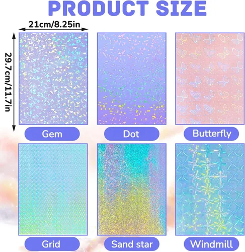 Miniatura 2 de Clabby 36 hojas de papel adhesivo holográfico A4, láminas laminadas holográficas de vinilo, autoadhesivas, impermeables, transparentes, 11.7 x 8.3