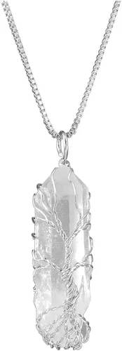 Top Plaza - Collar de cristal curativo de piedra natural cruda, diseño de árbol de la vida, envuelto en alambre, con dije de cuarzo transparente en