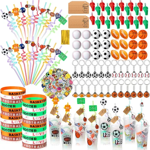 Miniatura 11 de Weysat Juego de 268 piezas de recuerdos de fiesta de fútbol para 24 personas, regalos de cumpleaños, tazas de golosinas con pajitas, llaveros