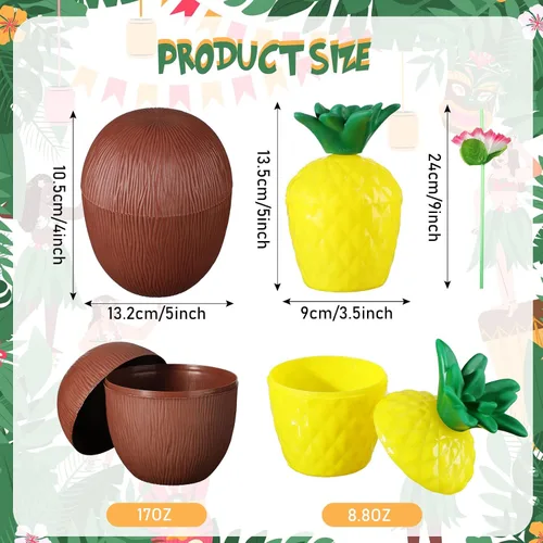 Miniatura 3 de Amyhill 36 tazas tropicales de piña y coco, tazas de plástico para fiestas hawaianas con 36 tapas y pajitas de flores, suministros de despedida