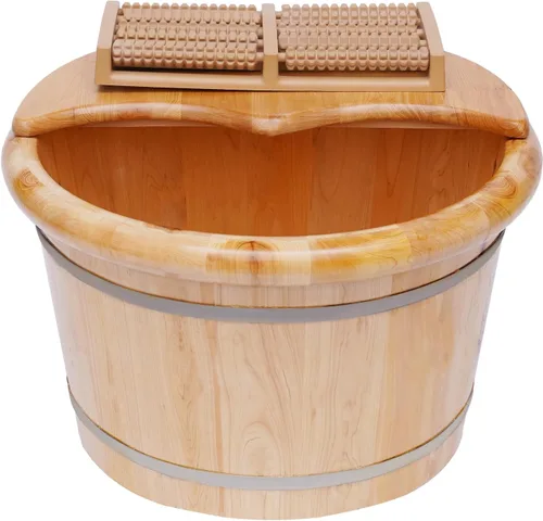 AngelcityCC Tina de pie de madera con masajeador y tapa, juego de lavabo de madera maciza hecho a mano para remojar los pies, cuidado del spa
