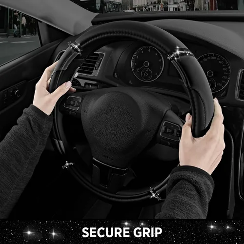Miniatura 7 de Road Comforts Funda de cuero para volante, fabricada con piel de PVC, antideslizante, ajuste universal de 14 1/2 a 15 pulgadas, color negro