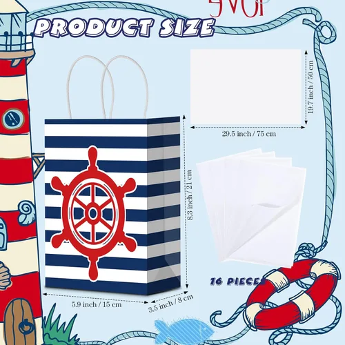 Miniatura 3 de Sepamoon Paquete de 16 bolsas de regalo náuticas, bolsas de papel para fiestas náuticas y papel de seda con asas, anclajes marinos, golosinas