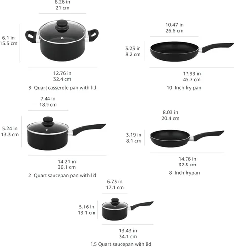 Miniatura 5 de Amazon Basics - Juego de utensilios de cocina antiadherentes de 8 piezas, sin inducción, incluye ollas y sartenes, color negro