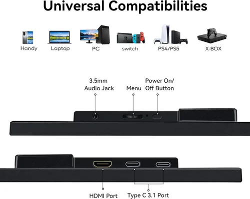Miniatura 6 de Monitor portátil de 18.5 pulgadas 120Hz FHD 1080P HDMI USB-C, 99% sRGB, monitores de juegos HDR Altavoces incorporados Kickstand y VESA Segunda