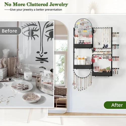Miniatura 5 de Keebofly Organizador de joyas colgante de montaje en pared, soporte de exhibición grande para aretes, anillos, collares, pulseras, relojes y Negro